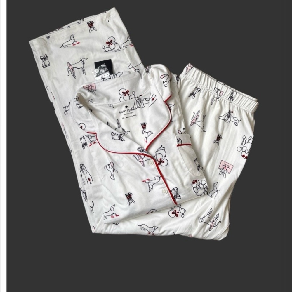 NWT Kate Spade Dog Print Long Sleeve Pajamas Cream, Black and Red Size XL Preppy